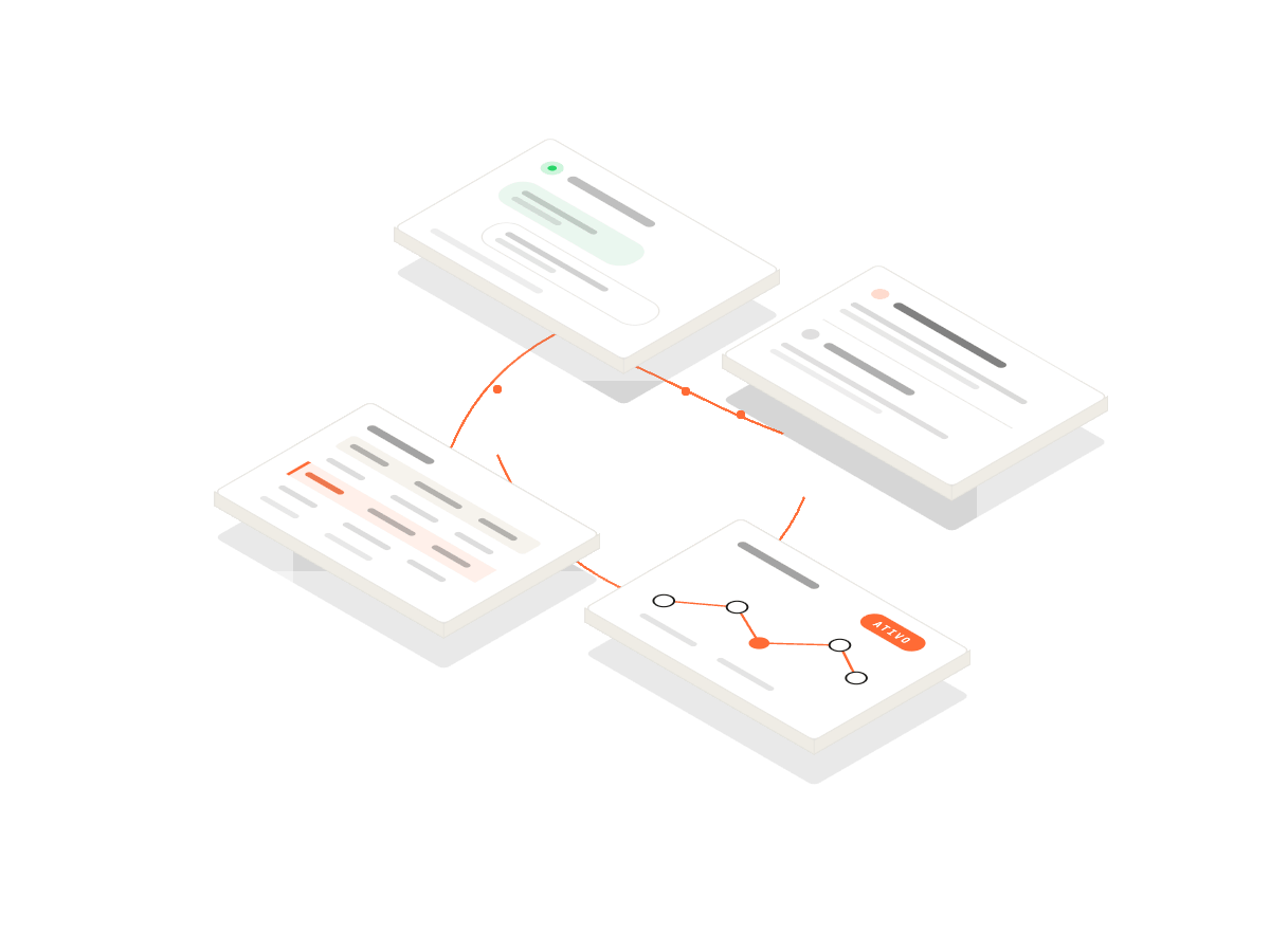 Ilustração dos agentes Pinn conectados a WhatsApp, e-mail, CRM e cadência