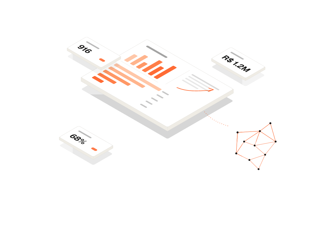 Ilustração do painel de inteligência da Pinn: dashboard, KPIs e grafo de dados da operação