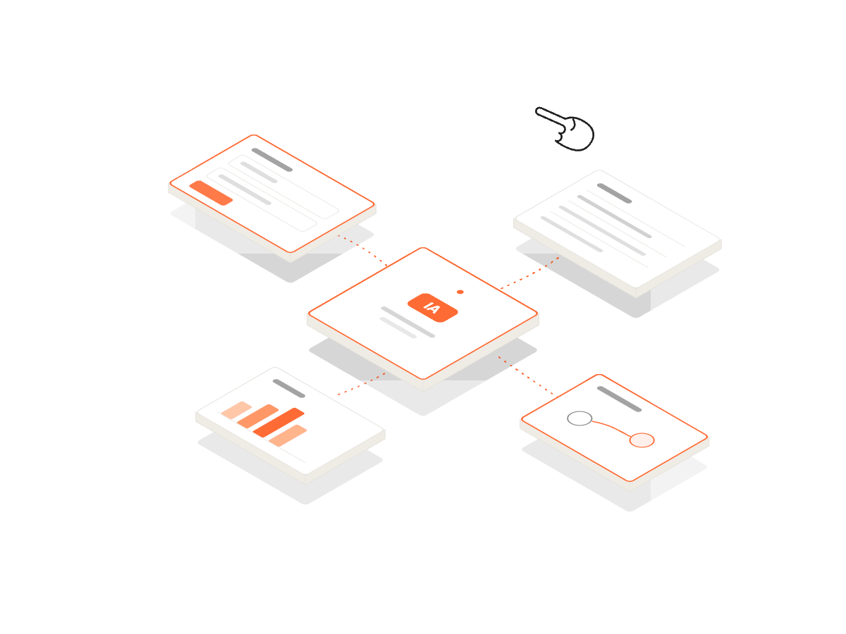 Ilustração do Pinn Studio: blocos modulares sob medida com IA embutida e wireframe